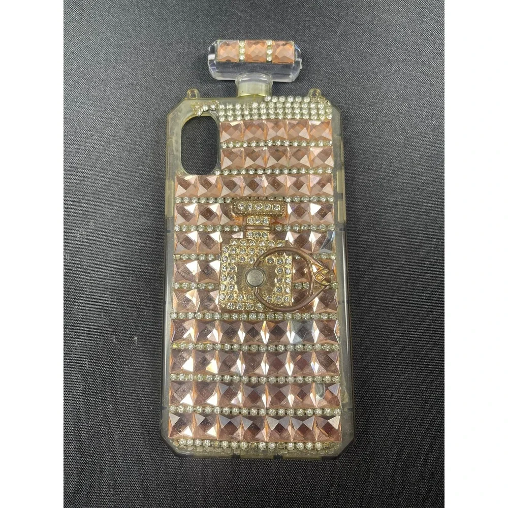 Rose Gold Perfume Bottle Rhinestone Phone Case with Ring Stand Glam Bling